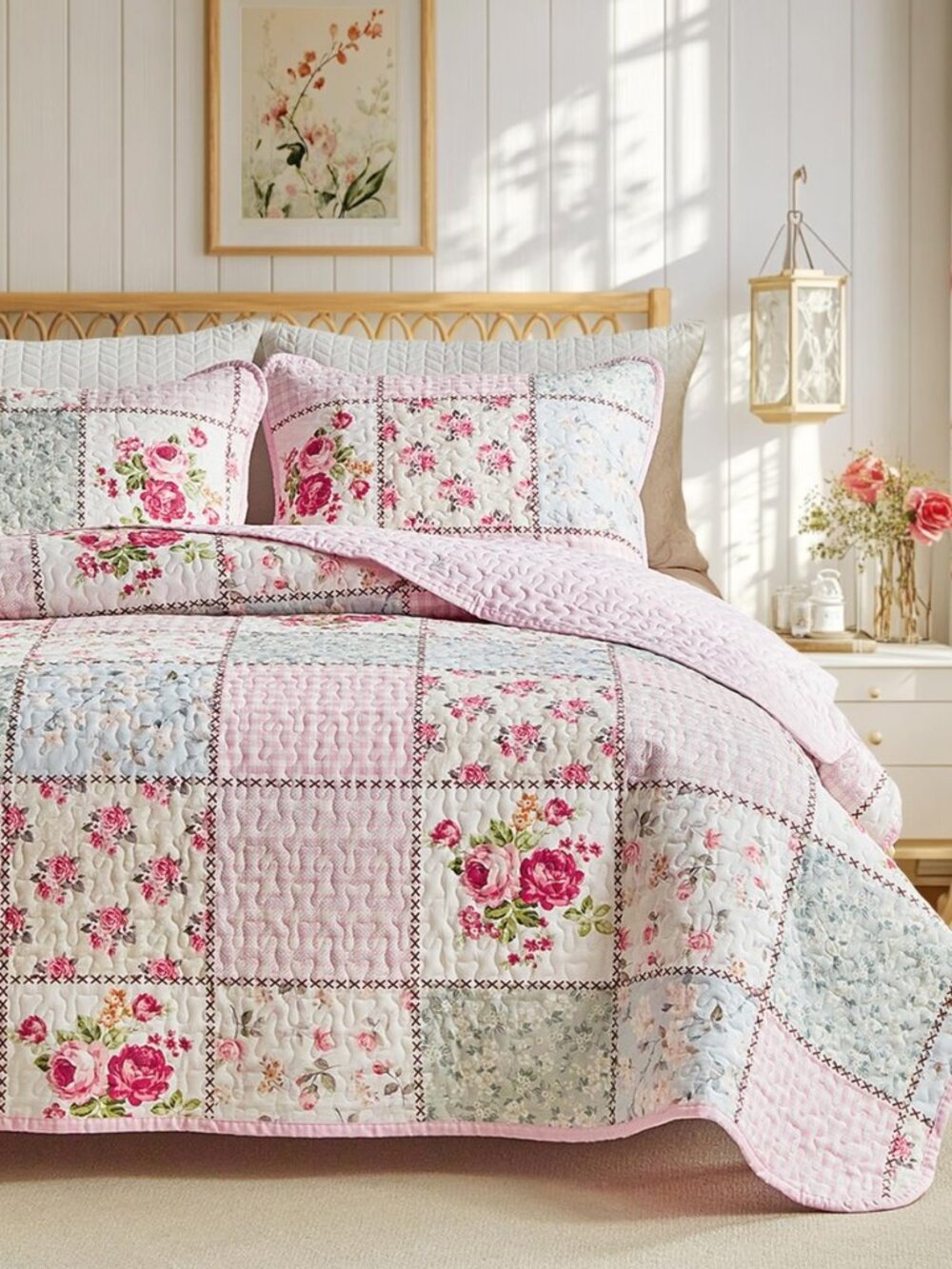 Floral Cotton Quilt Set, Pink Aqua Flowers Grid Patchwork Design for Spring, 3